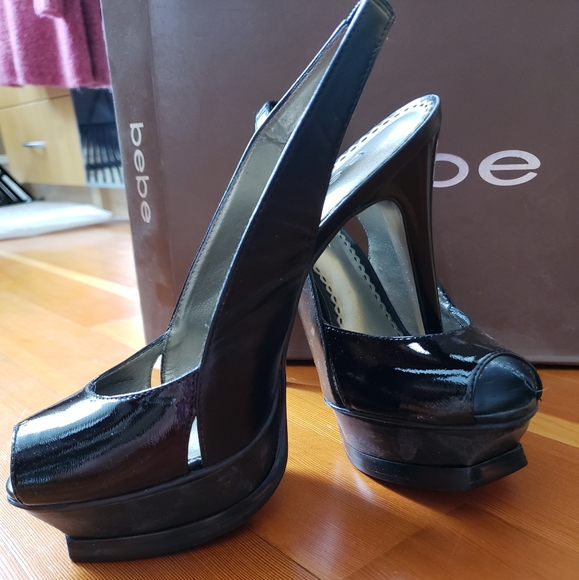 Bebe Black Patent Leather Slingback heels sz 6 - Picture 4 of 8